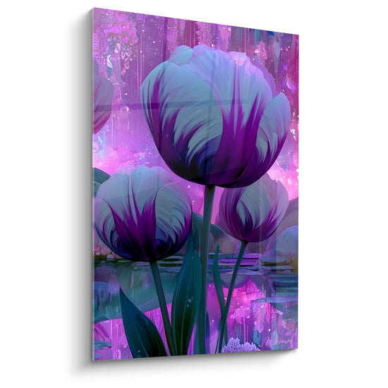 Tableau Tulipes violettes et blanches au reflet aquatique - Étang scintillant - Edition Tulipe