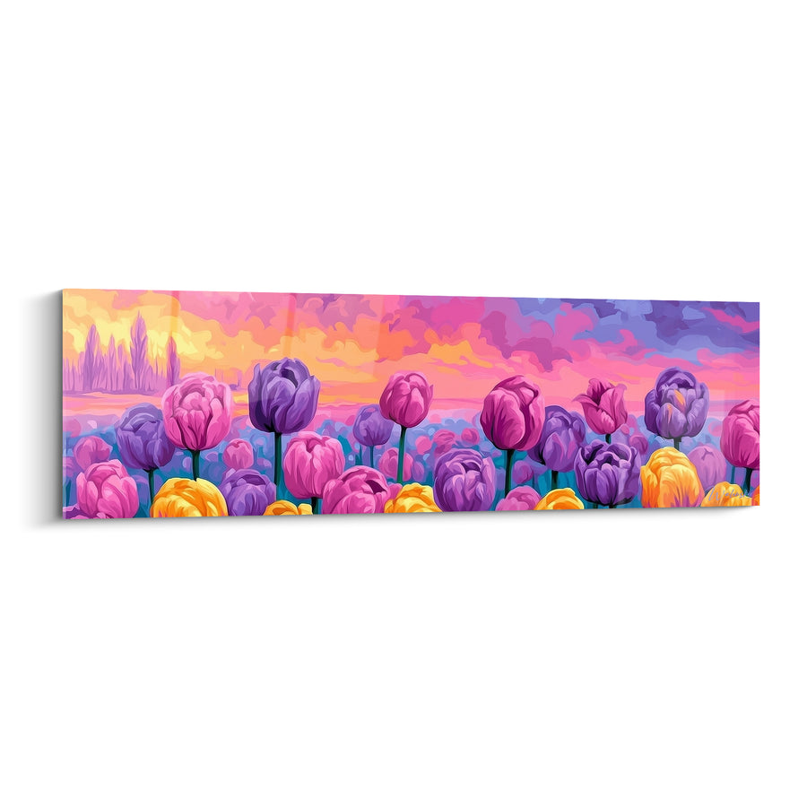 Tableau Champ de tulipes violettes et jaunes sous ciel embrasé - Silhouettes d'arbres lointains - Edition Tulipe