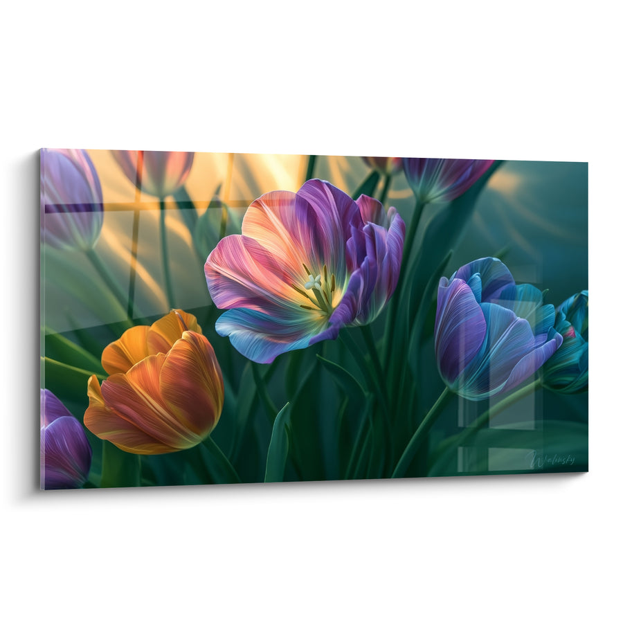 Tableau Tulipe violette et orange aux tiges vertes - Rayons dorés en fond - Edition Tulipe