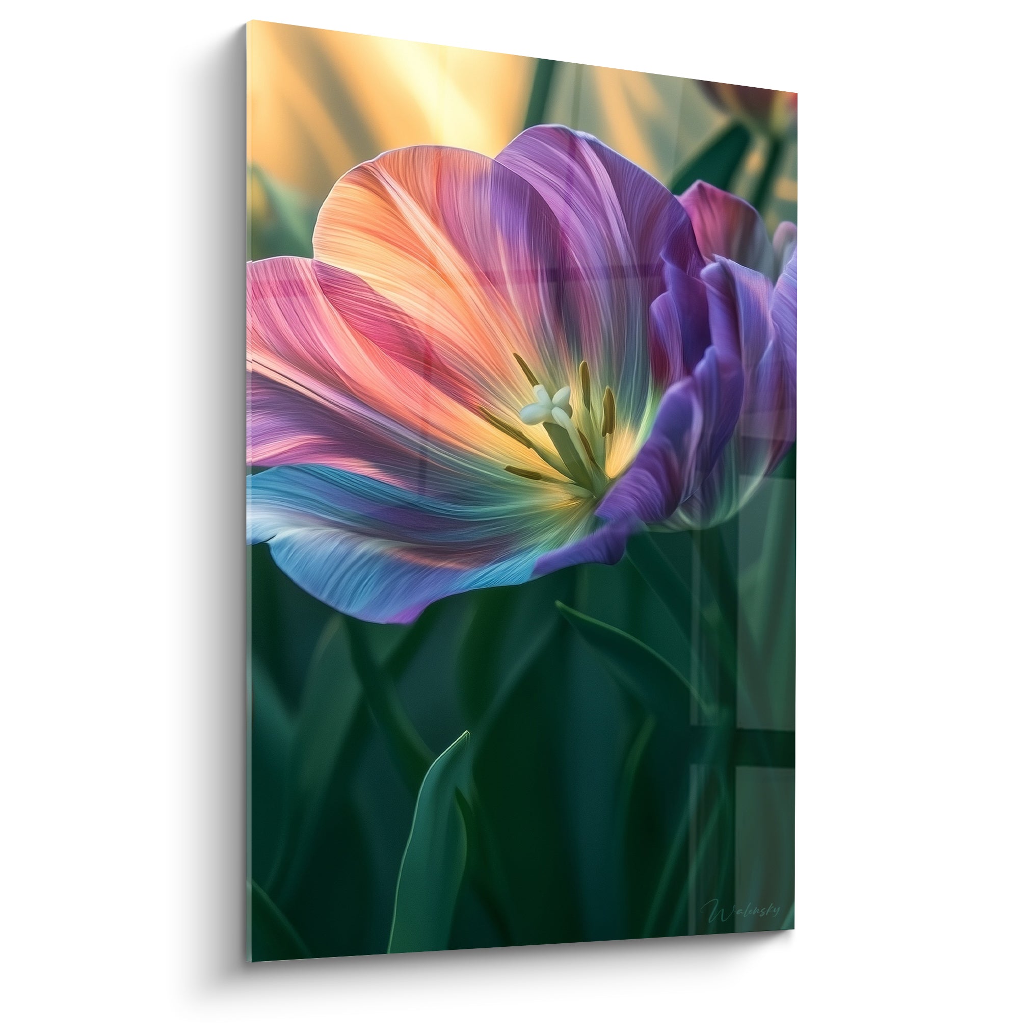 Tulipe violette et rose aux pétales translucides traversés de lumière dorée sur fond vert sombre