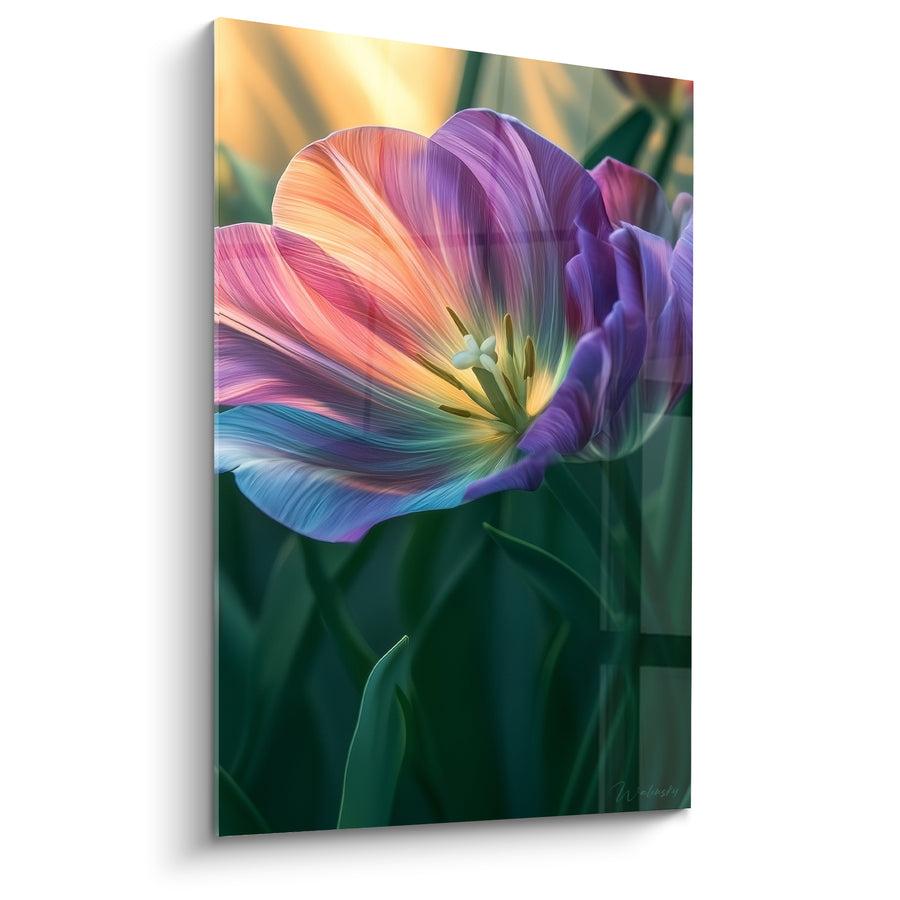 Tableau Tulipe ouverte pétales violets et roses - Lumière traversante - Edition Tulipe