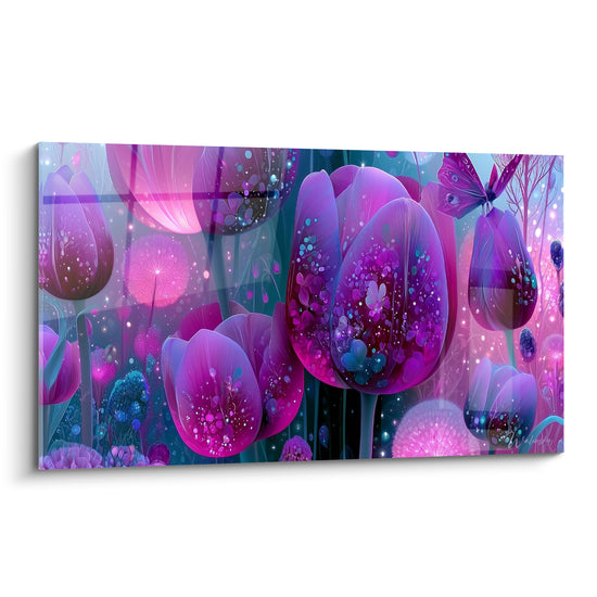 Tulipes violettes et roses aux pétales lumineux parsemés de reflets bleus scintillants