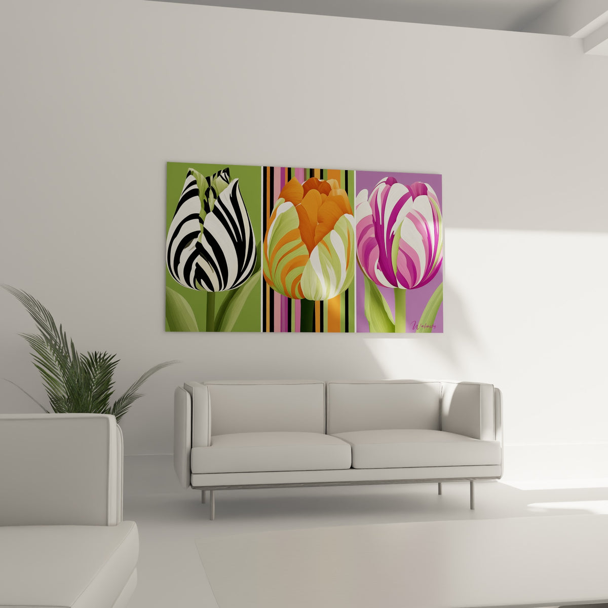 Fleurs de tulipe stylisées vert sauge et pourpre, disposées au-dessus d'un canapé dans un salon lumineux