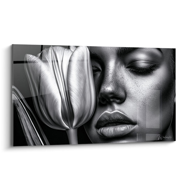 Tableau Visage féminin et tulipe noir et blanc - Silence intérieur - Edition Tulipe