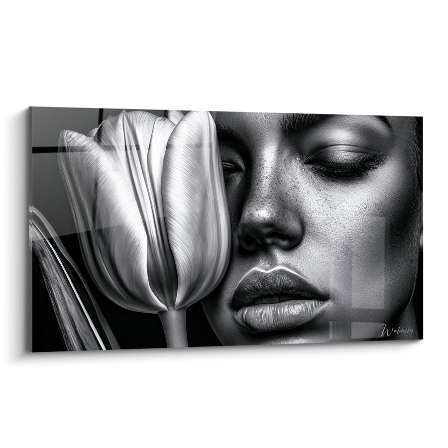 Tableau Visage féminin et tulipe noir et blanc - Silence intérieur - Edition Tulipe