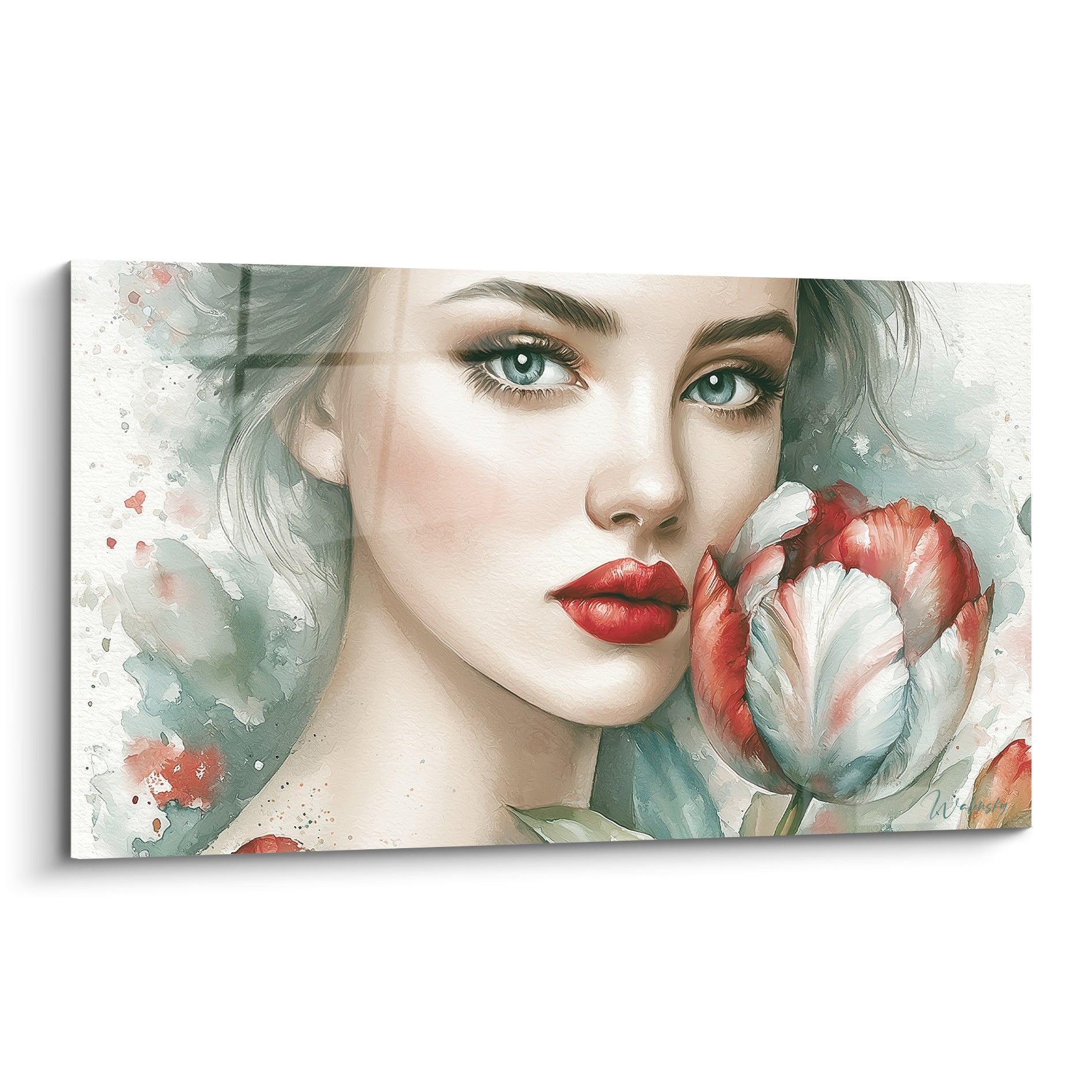 Tulipe blanche et rouge contre la joue d'un visage aquarelle aux yeux bleu-gris et lèvres rouges