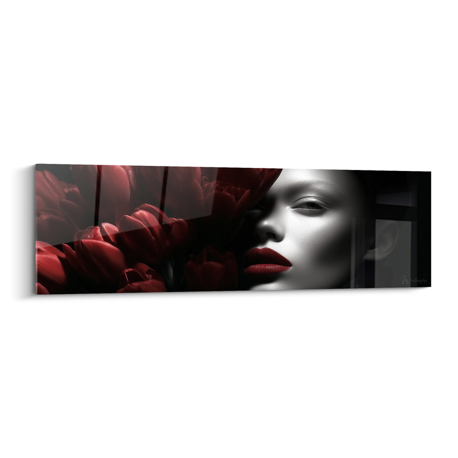 Tableau Visage argenté aux tulipes rouge profond - Secret pourpre - Edition Tulipe