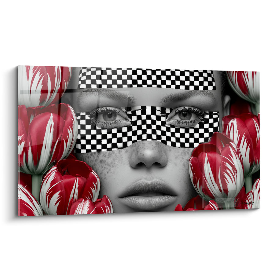 Tableau Visage masqué de damier entouré de tulipes rouges - Mystère floral - Edition Tulipe