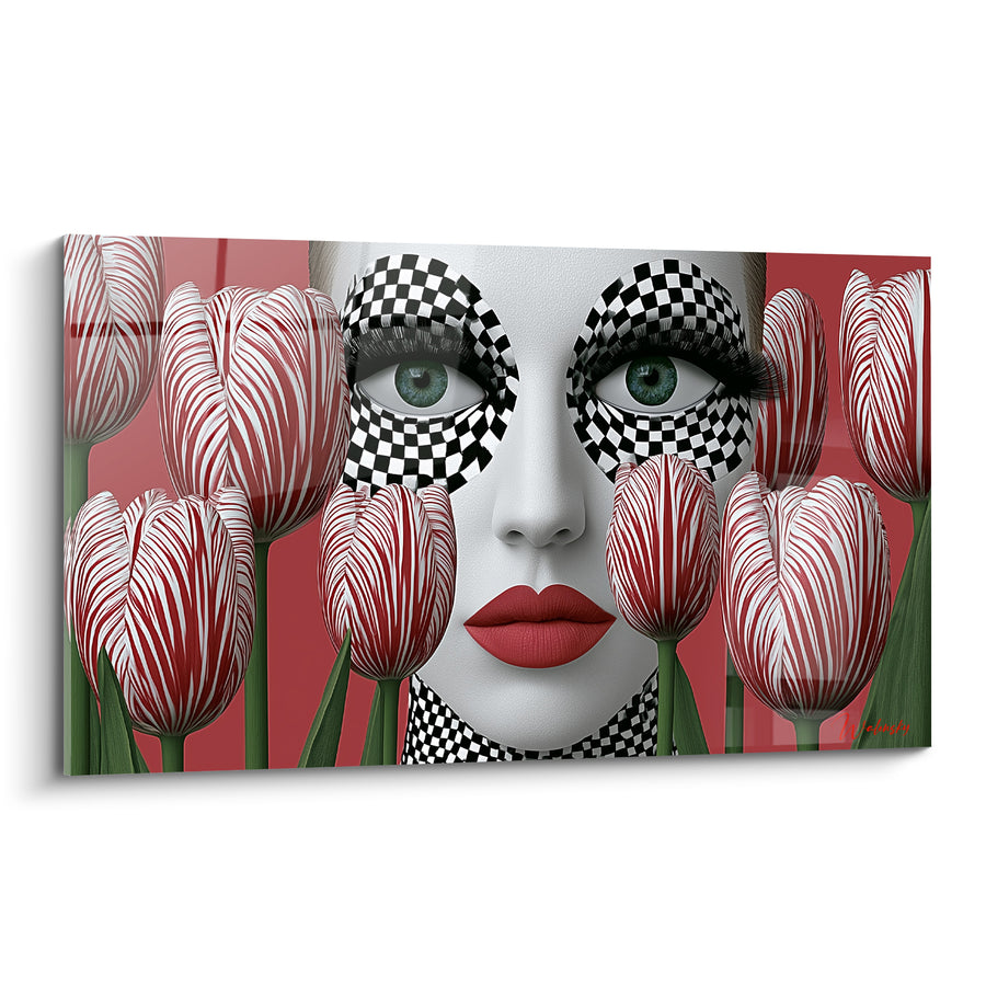 Tableau Visage à damiers noir et blanc parmi tulipes rayées - Regard entre les pétales - Edition Tulipe