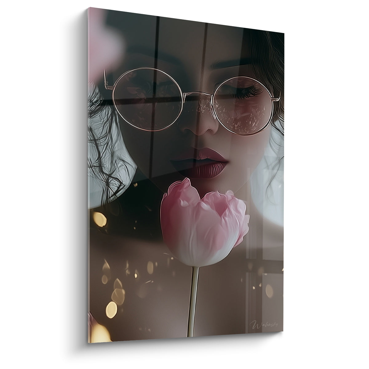 Tulipe rose épanouie devant un visage aux lunettes dorées, fond anthracite et lumières dorées