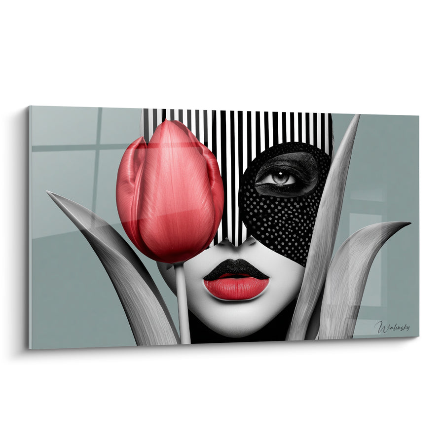 Tableau Tulipe rose et noire sur visage masqué - Lèvres rouges et rayures - Edition Tulipe