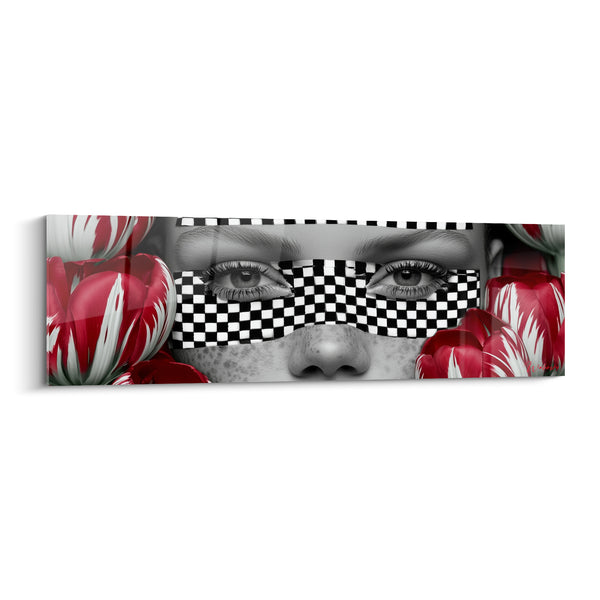 Tableau Visage masqué à damier rouge - Regard dissimulé - Edition Tulipe