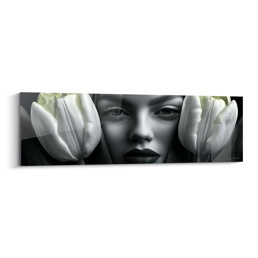 Tableau Visage noir et blanc entre tulipes crème - Secret voilé - Edition Tulipe