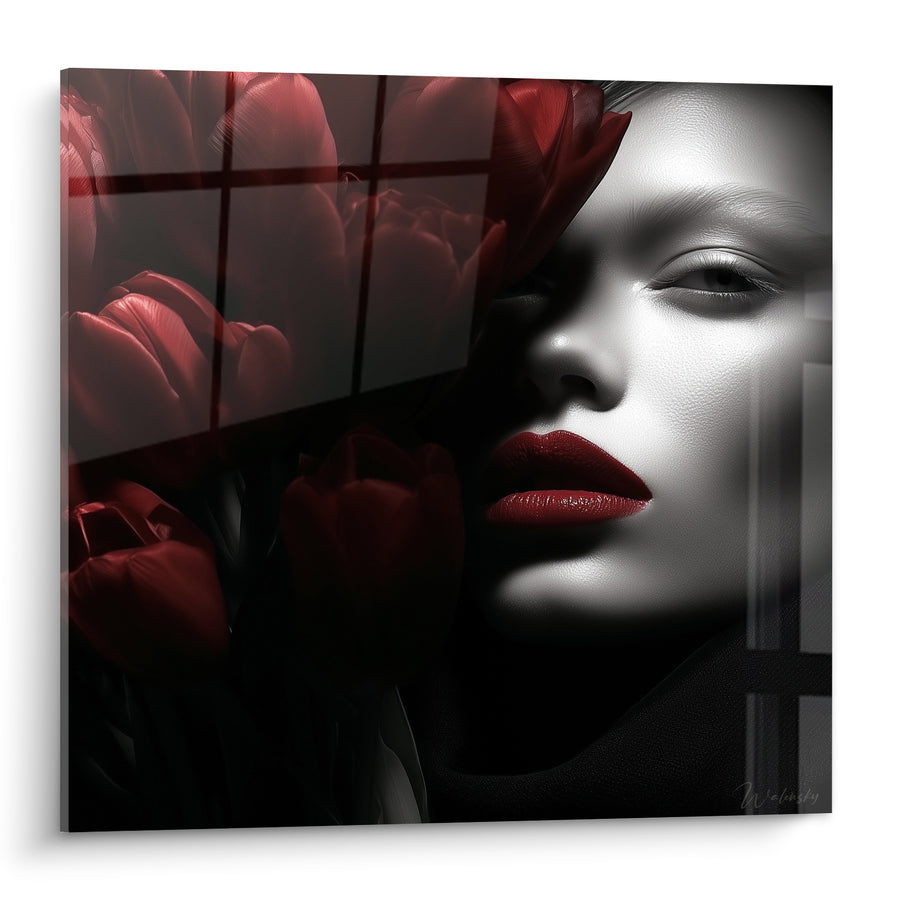 Tableau Visage aux lèvres rouges et tulipes bordeaux - Mystère écarlate - Edition Tulipe