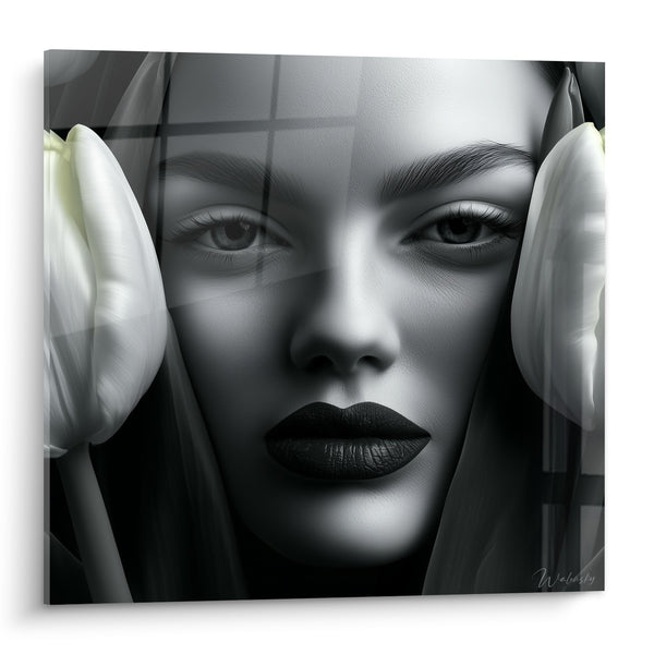 Tableau Visage noir et blanc aux lèvres sombres - Quadrillage vitré sur portrait - Edition Tulipe