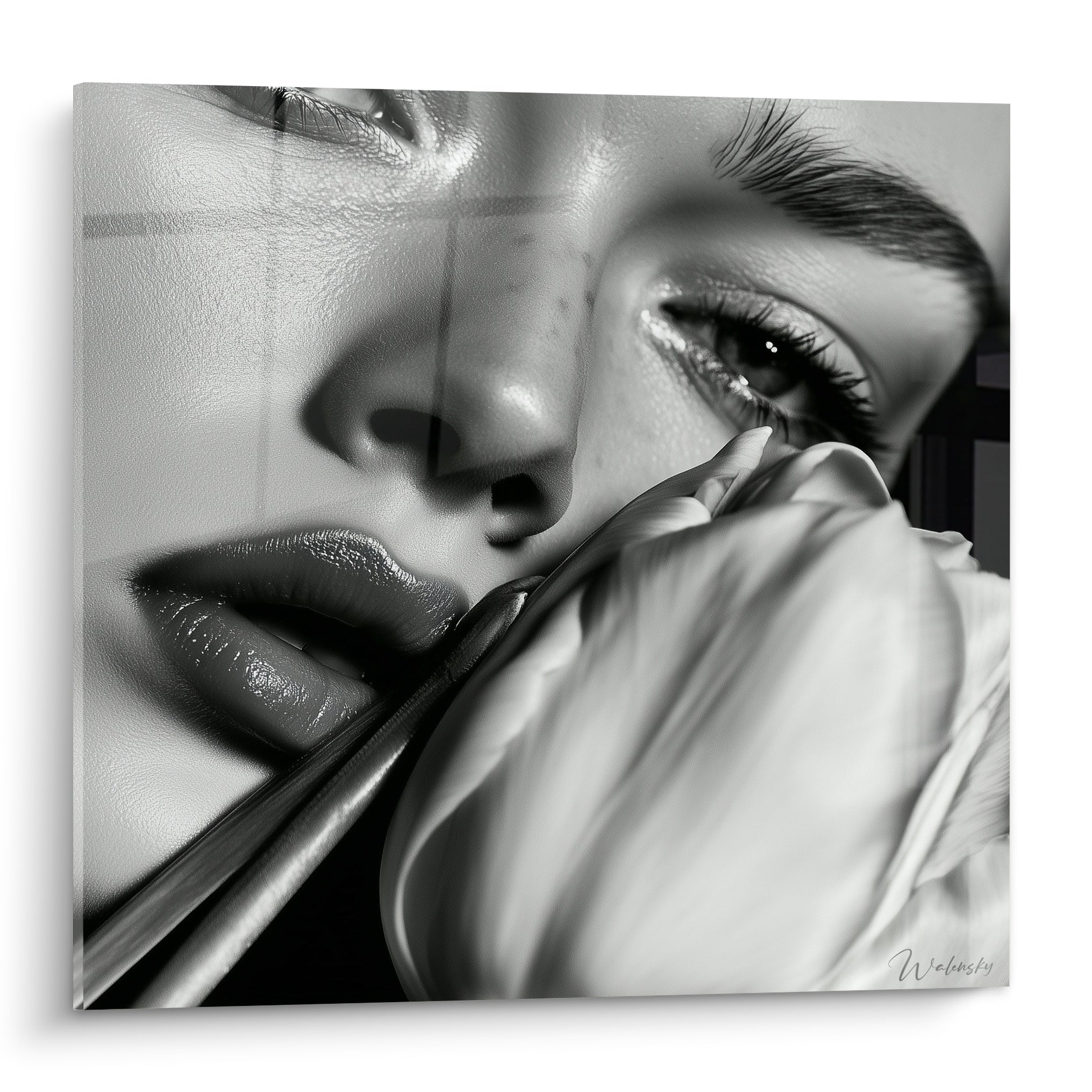 Visage féminin en noir et blanc frôlant un pétale de tulipe blanc soyeux