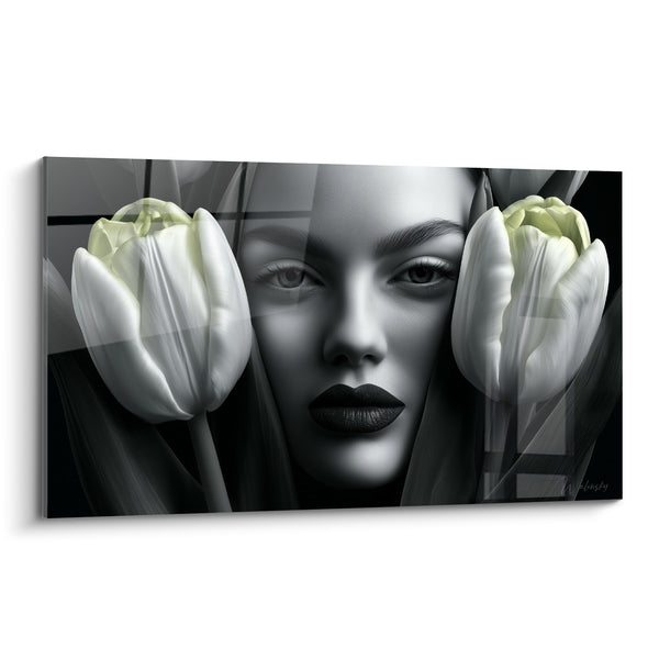 Tableau Visage encadré de deux tulipes blanches - Regard entre pétales - Edition Tulipe