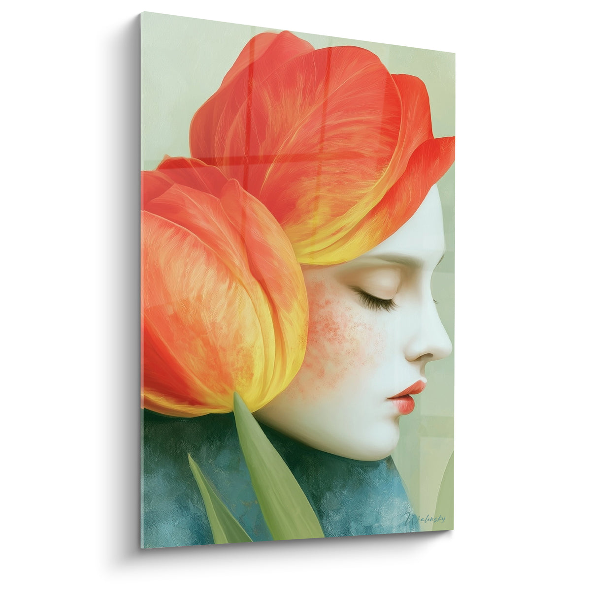 Tulipe orangée enveloppant un visage aux yeux clos, fond vert sauge et col bleu ardoise