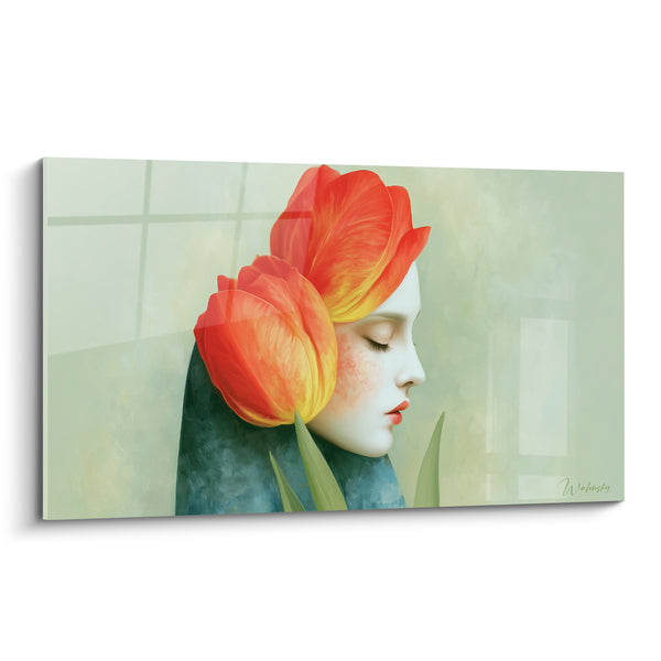 Tableau Visage orange et vert aux paupières closes - Portrait au profil serein - Edition Tulipe