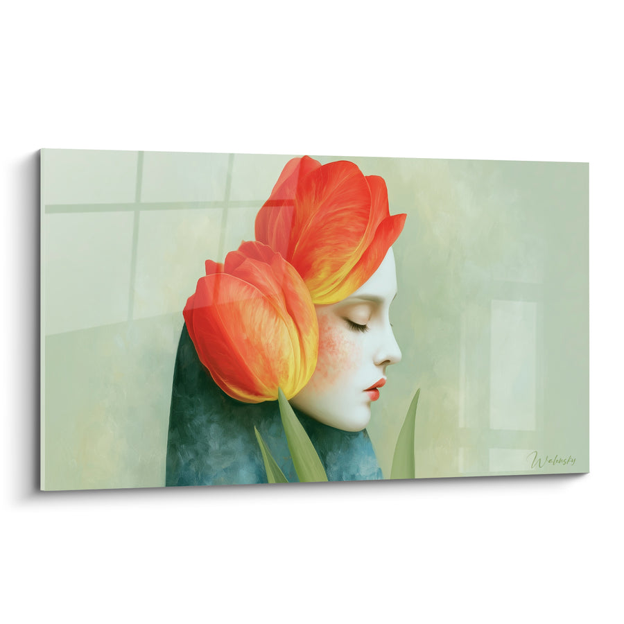Tableau Visage orange et vert aux paupières closes - Portrait au profil serein - Edition Tulipe