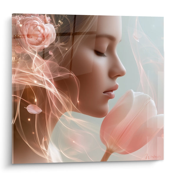 Tableau Visage féminin aux volutes roses et tulipe - Rêverie parfumée - Edition Tulipe