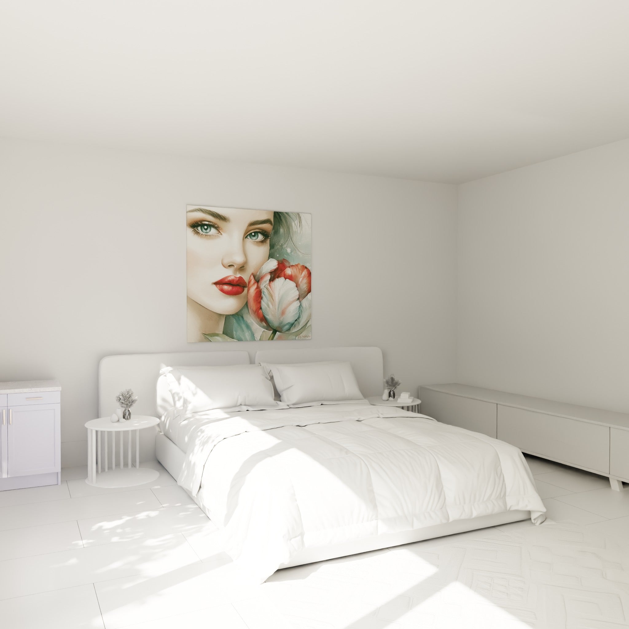 Visage aux yeux bleu-gris et tulipe rouge blanche au-dessus d'un lit dans une chambre claire