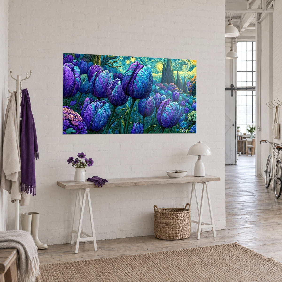 Wall art flower field with turquoise and purple petals, dark cypress trees and golden spirals, on a white studio wall