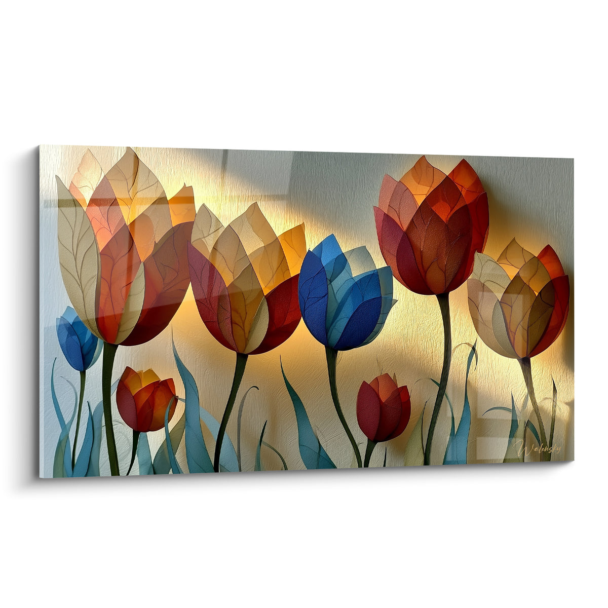 Tulipes rouges, bleu marine et ocre translucides sur fond doré rétroéclairé façon vitrail