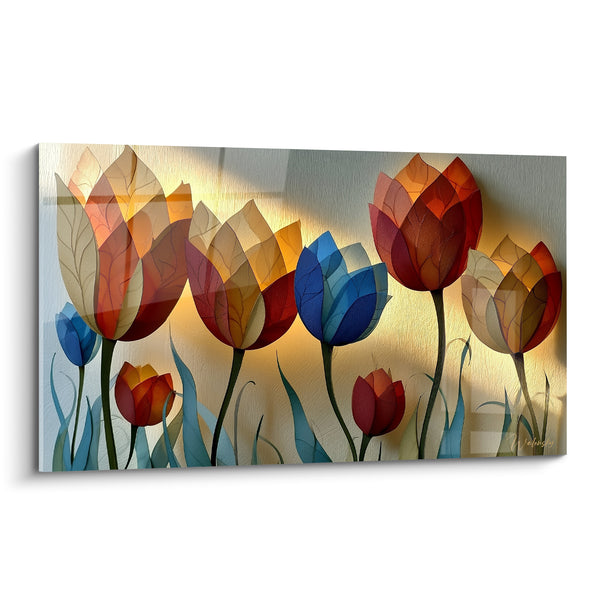 Tableau Tulipes rouges et bleues aux tiges filiformes - Rétroéclairage doré diffus - Edition Tulipe