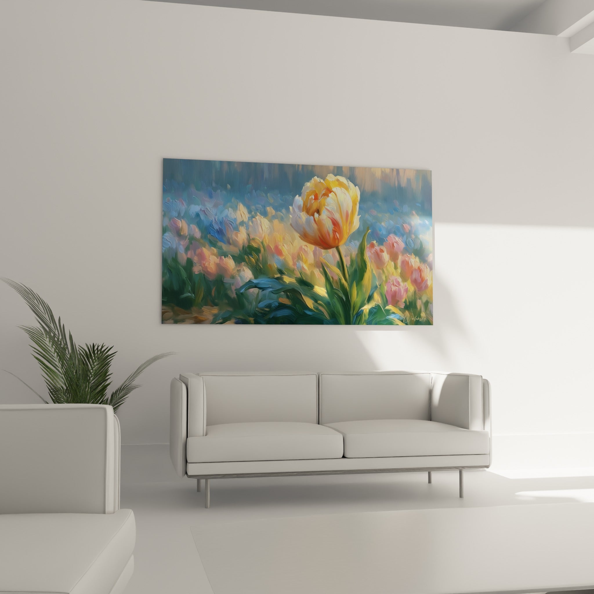 Tulipe jaune vif entourée de fleurs roses et bleutées, au-dessus d'un canapé dans un salon lumineux