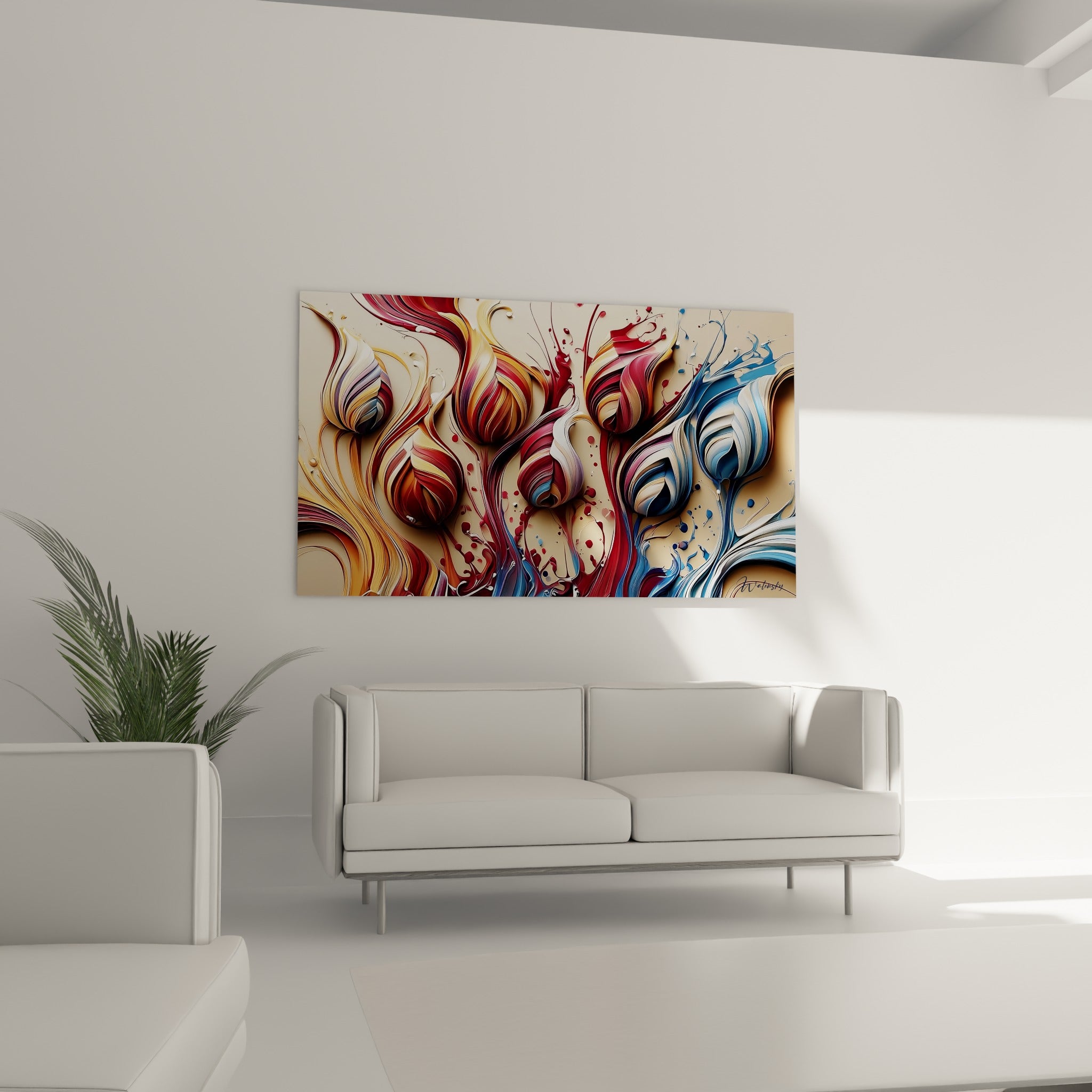 Volutes rouge cramoisi et doré s'entremêlant, tableau Tulipe au-dessus d'un canapé dans un salon lumineux