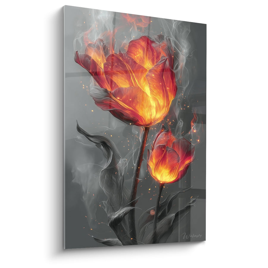 Tableau Tulipes Embrasées aux Flammes Dorées et Rouges sur Fond de Fumée - Passion Ignée - Edition Feng shui Sud Feu