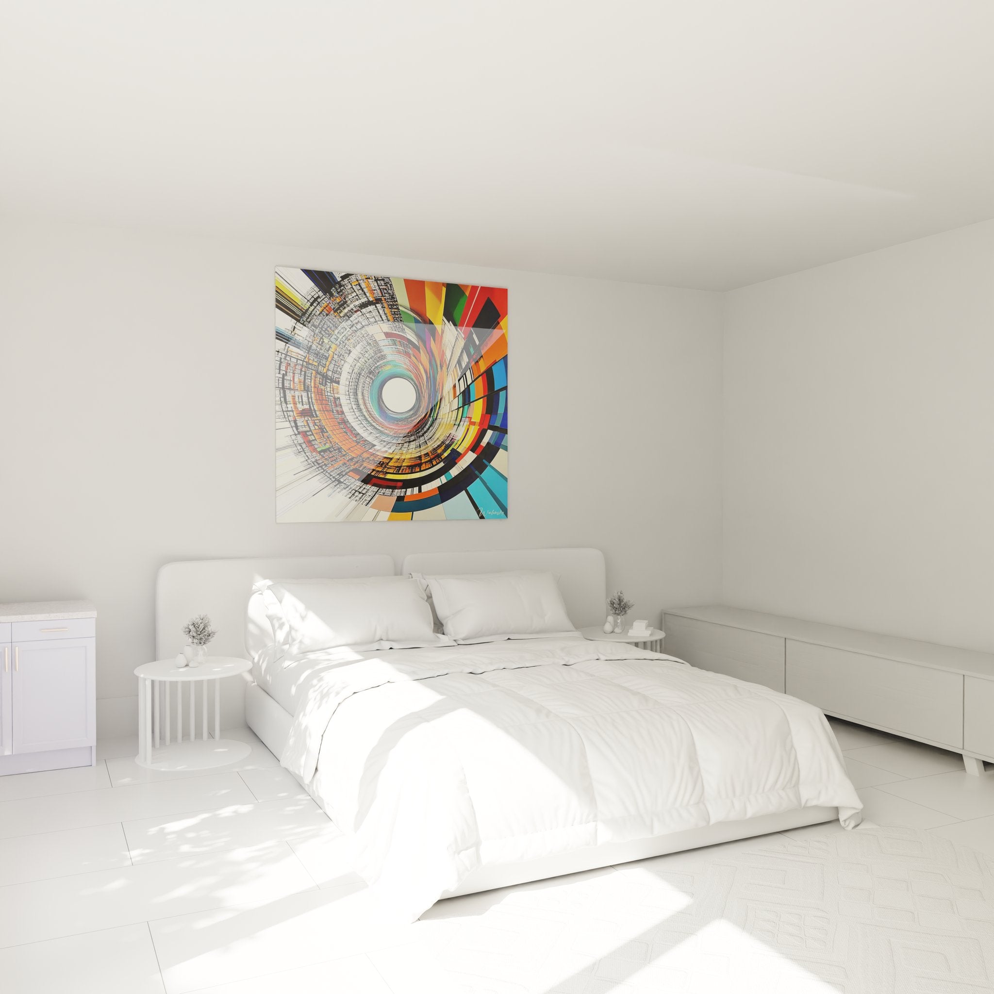 Tableau tunnel coloré spirale abstraite décorant une chambre moderne avec style contemporain