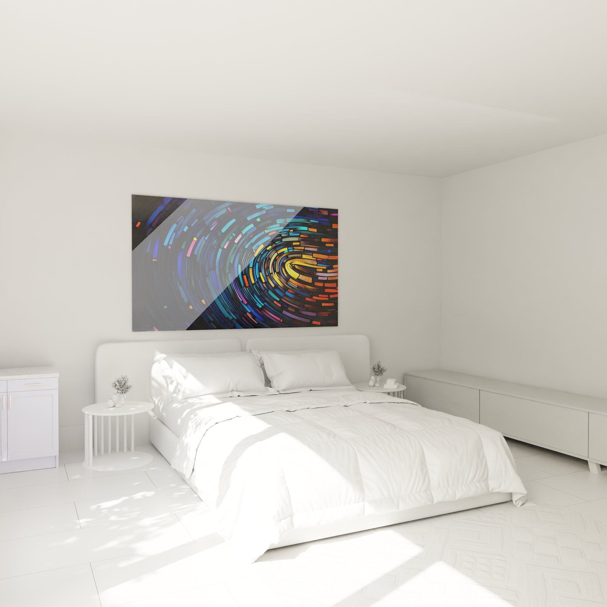Ambiance chambre avec tableau tunnel digital coloré créant profondeur et modernité décorative