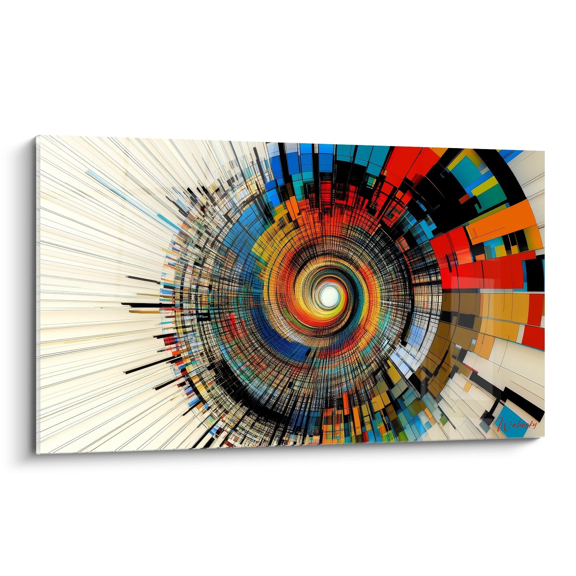 Tableau mural tunnel digital coloré avec spirale abstraite géométrique aux couleurs vives