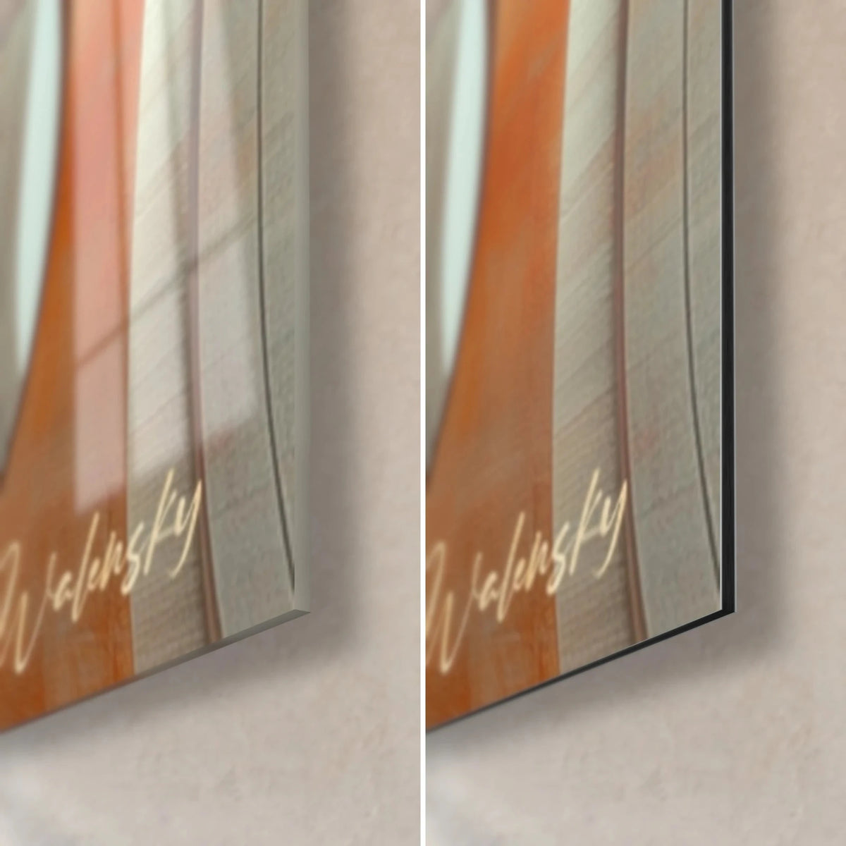 Tableau tunnel orange infini, coin bas droit, signature Walensky dorée, verre brillant à gauche et Dibond mat à droite, tranche 3 mm