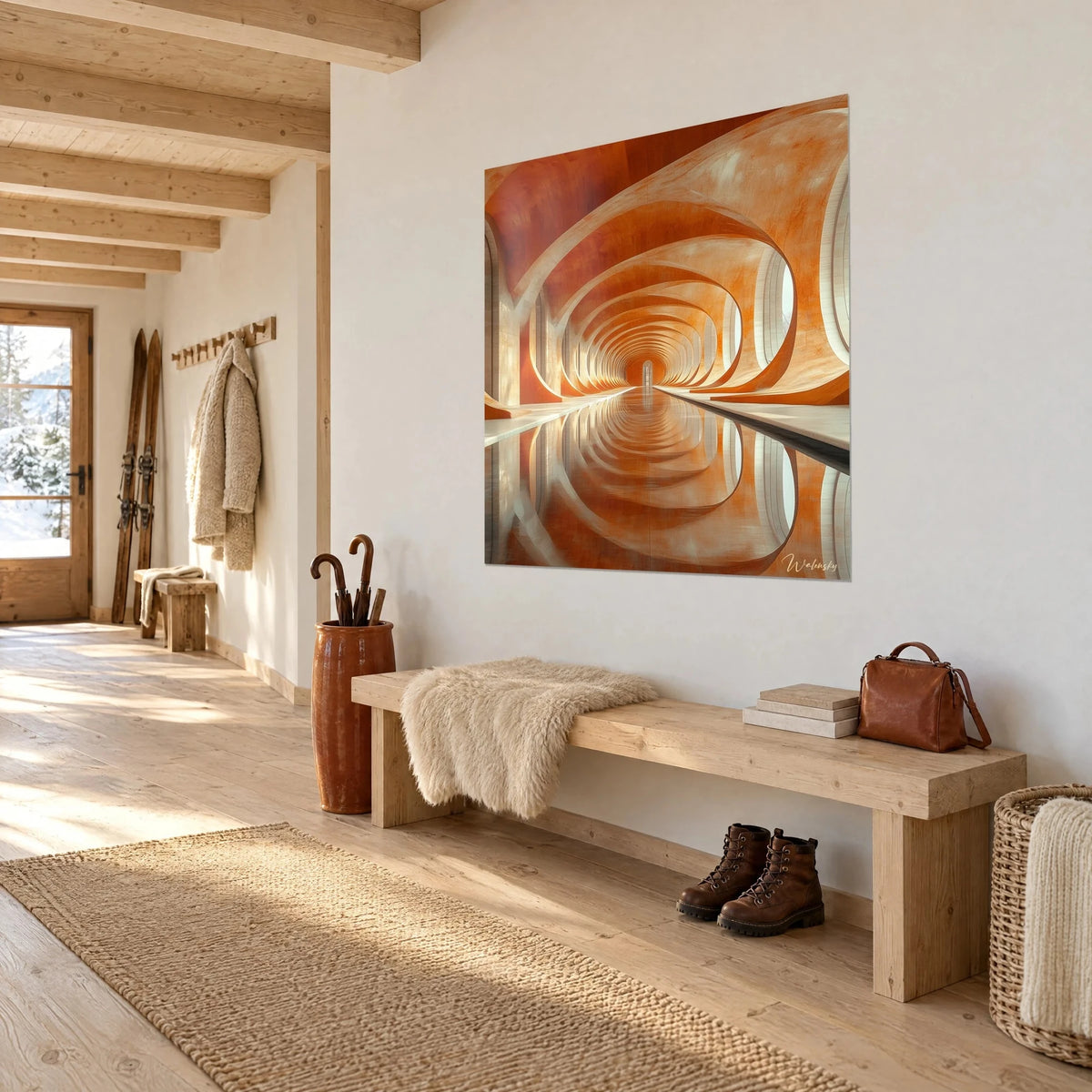 Tableau tunnel de voûtes incurvées orange brûlé et blanc cassé, miroir d'eau central, en vue de trois-quarts dans un chalet