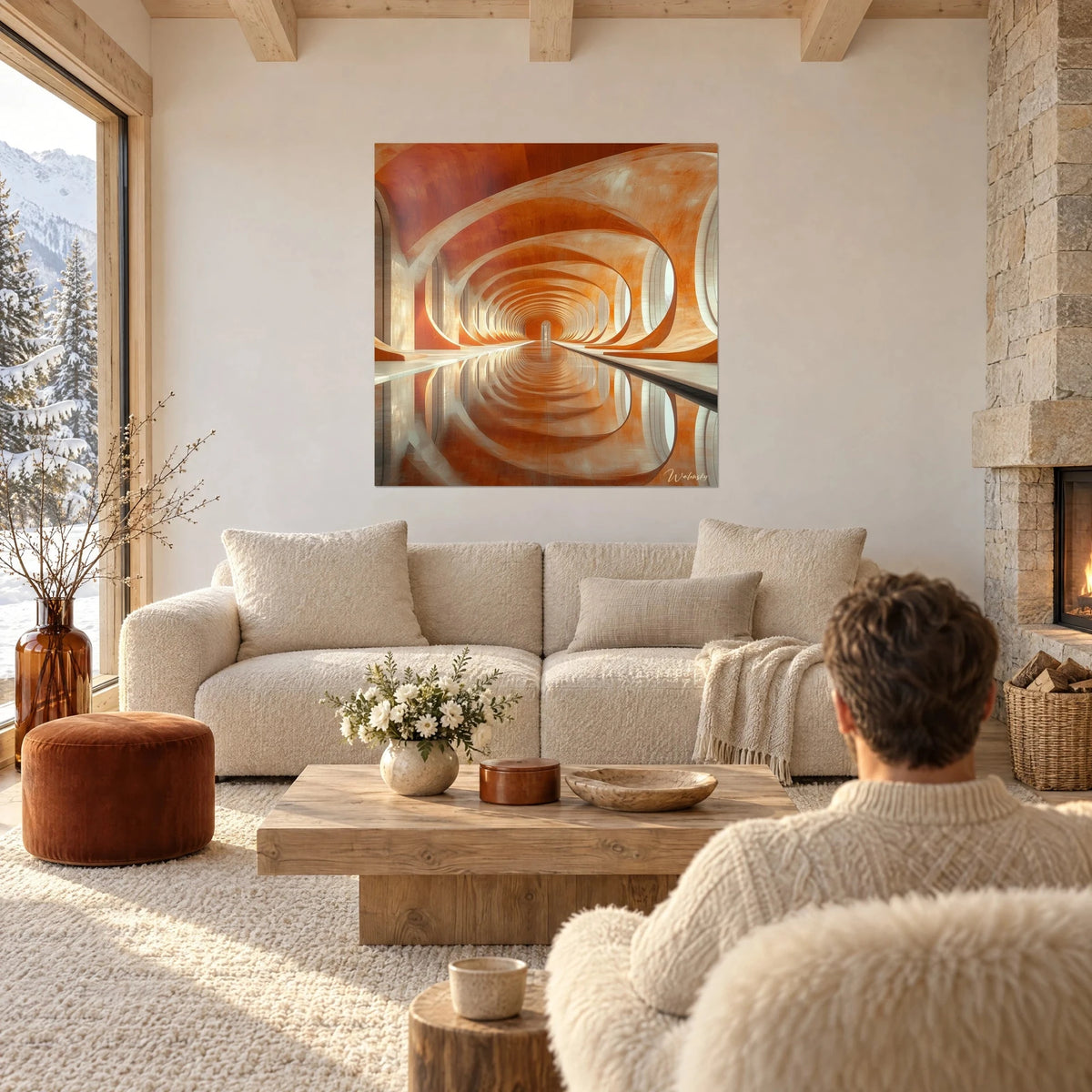 Tableau couloir d'arches orange fuyant vers le fond, reflet dans l'eau, crème et ocre, au-dessus d'un canapé dans un salon lumineux