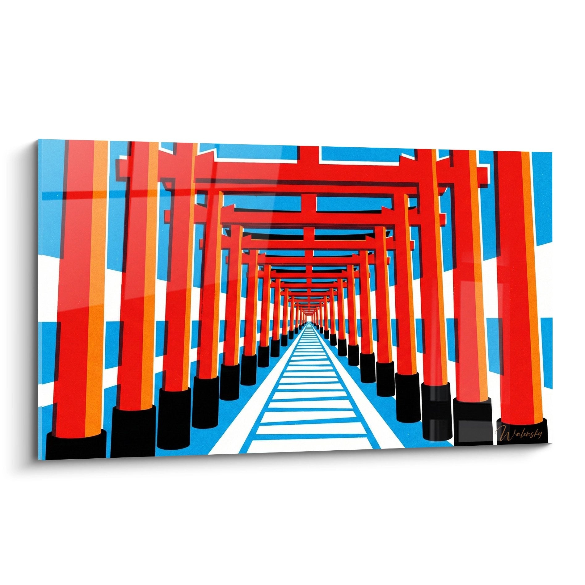 Tableau tunnel architectural rouge et bleu perspective infinie colonnes geometriques temple bouddhiste moderne