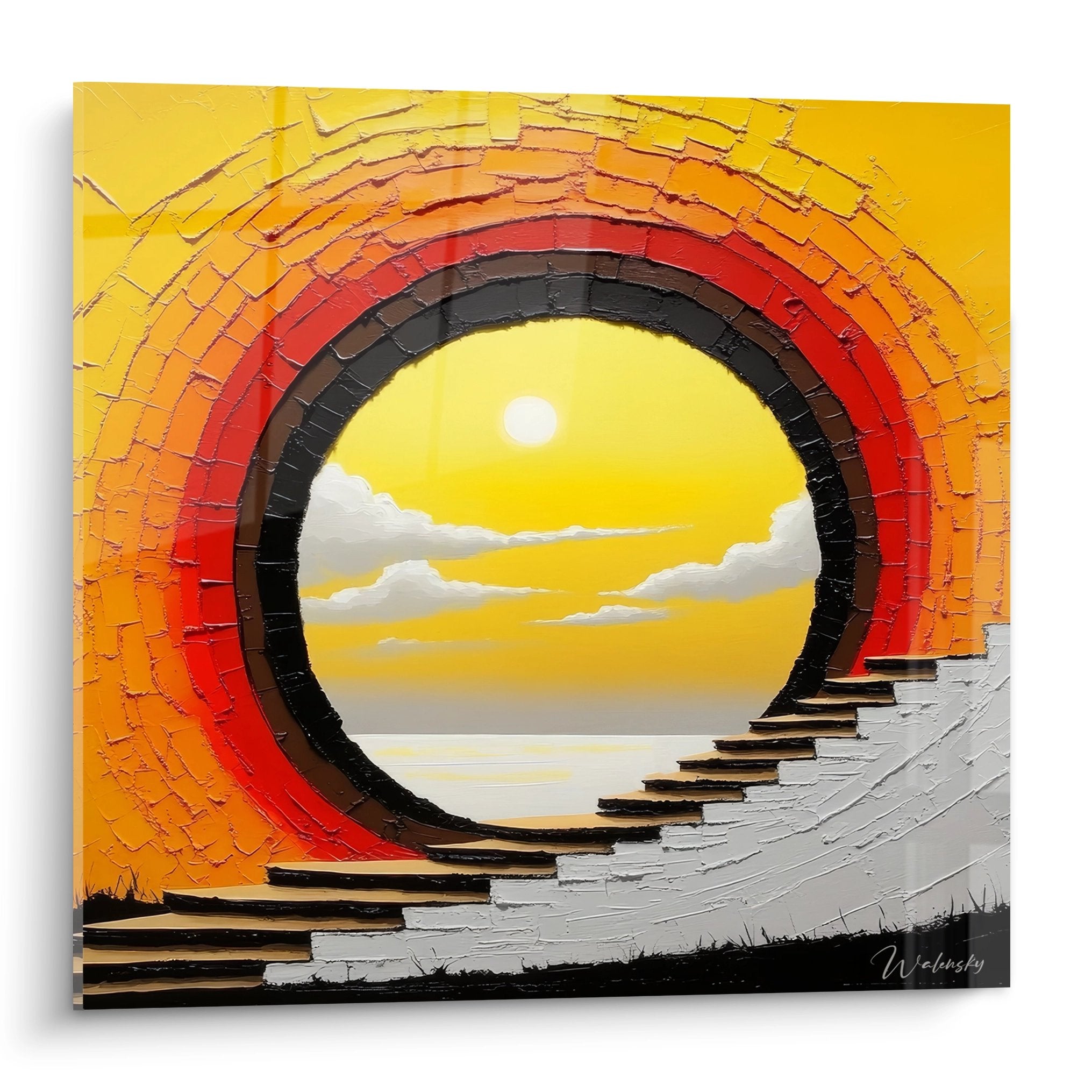 Tableau mural tunnel soleil couchant portal doré avec spirale abstraite et paysage lumineux