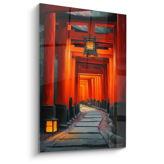 Gemälde Torii-Tunnel in Rot mit goldener japanischer Laterne und unendlicher Perspektive zum Licht