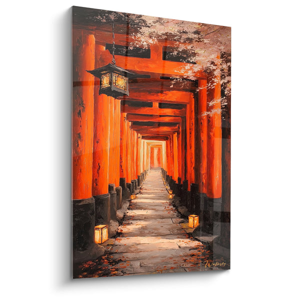 Schilderij tunnel robijnrood en traditionele lantaarn - Heilige doorgang - Editie torii