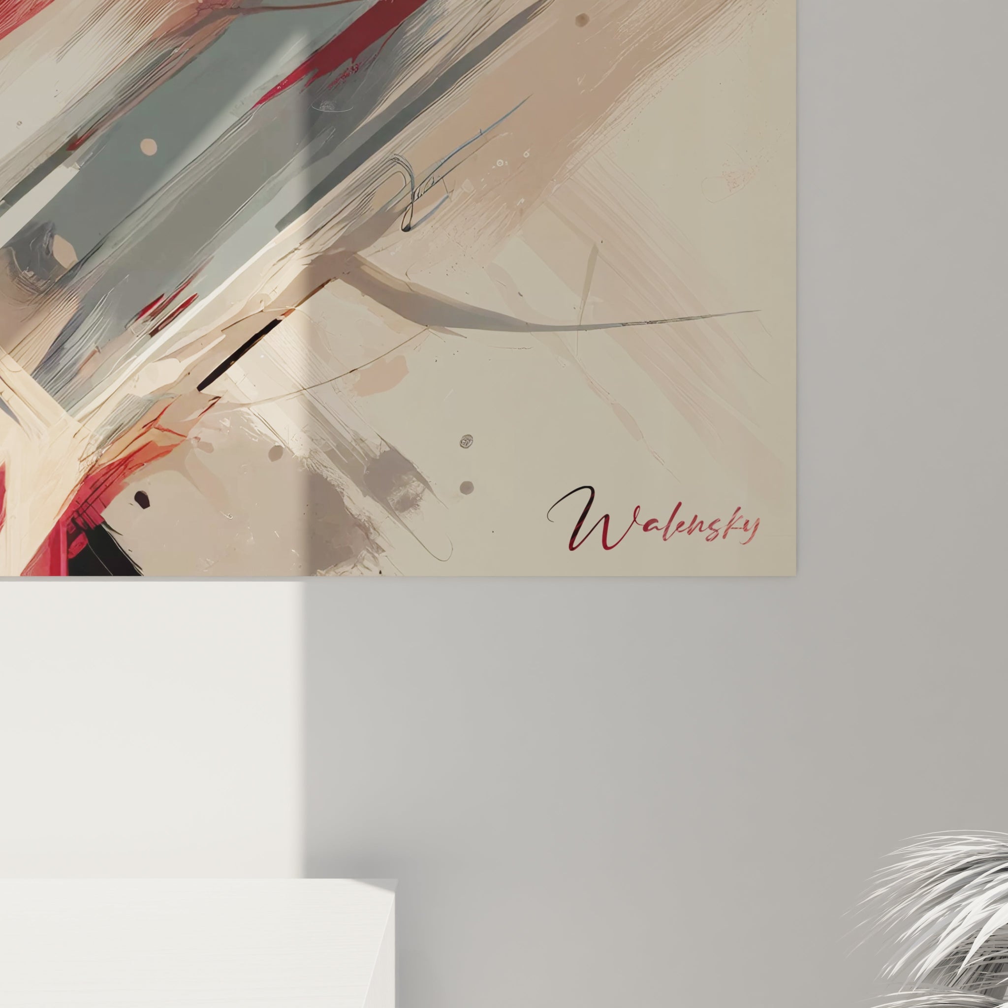 Tableau abstrait aux lignes dynamiques. Couleurs principales : rouge cramoisi, noir anthracite, nuances beiges. Texture de traits verticaux et obliques, projections de points, superpositions de couches picturales.
