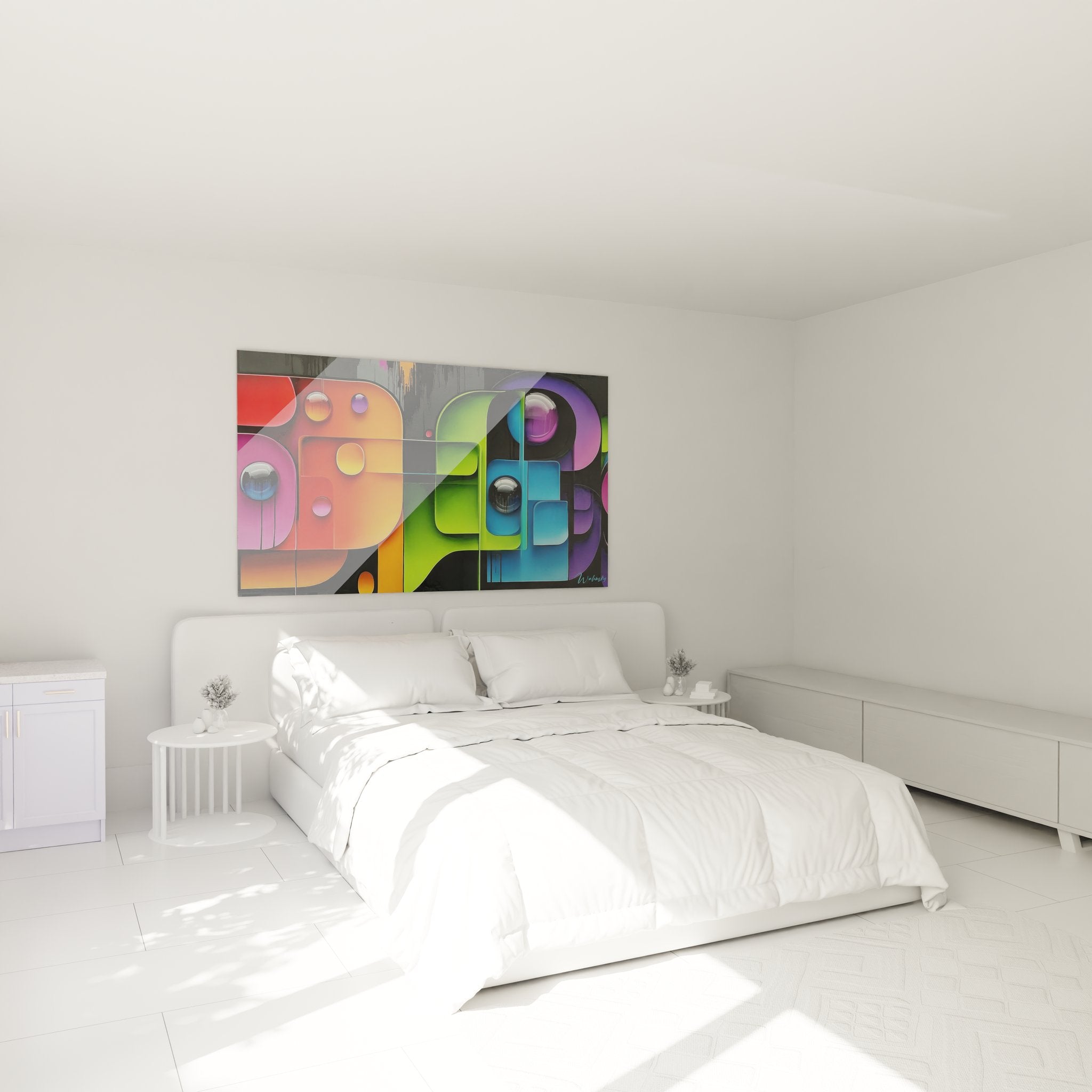 Ambiance chambre avec tableau typographie multicolore moderne accroché au mur décoration contemporaine