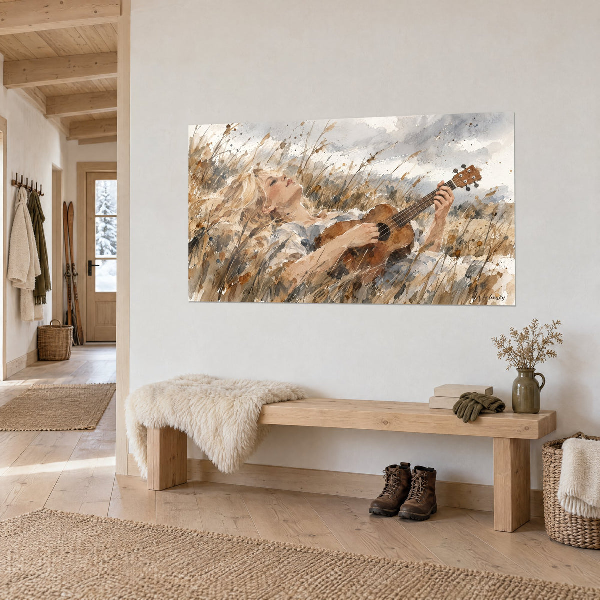 Tableau musicienne endormie sur son ukulélé brun, cheveux dorés et herbes ocre en aquarelle, banc en bois d'un chalet