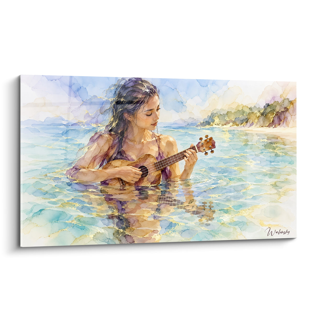 Tableau Ukulélé baigneuse immergée jouant dans une eau turquoise et dorée aux reflets lumineux
