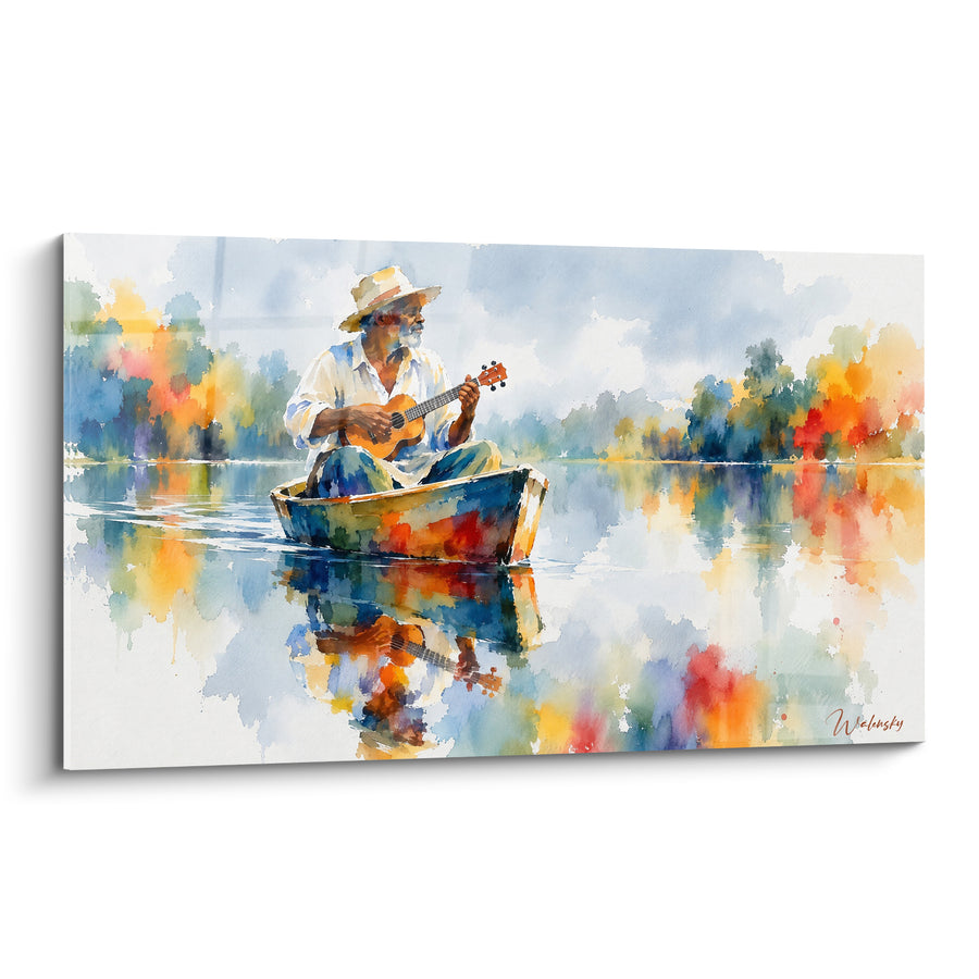 Tableau Musicien en barque sur lac coloré - Sérénade flottante - Edition Ukulélé