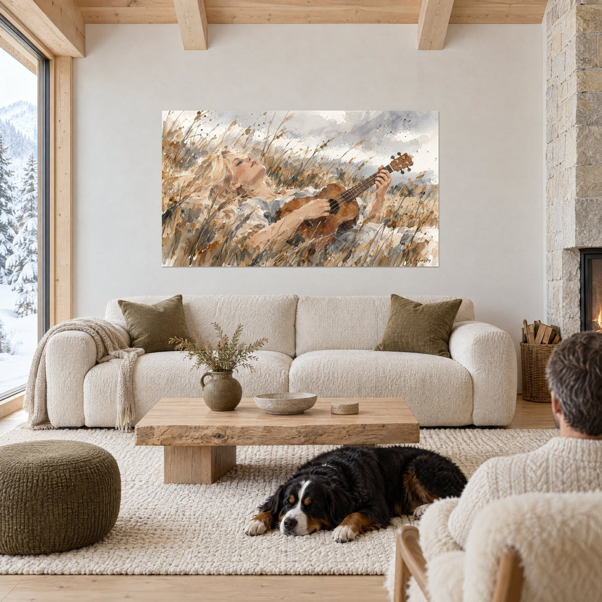 Tableau jeune blonde rêveuse jouant du ukulélé, ocre et gris bleuté, chien noir couché au-dessus d'un canapé dans un salon lumineux
