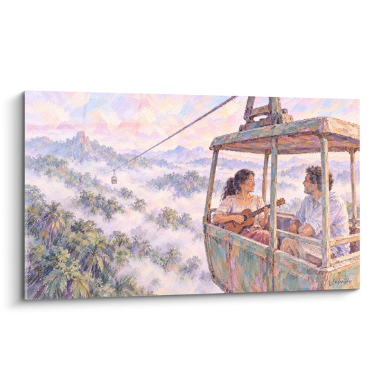 Tableau Téléphérique vert et rose au-dessus de la jungle - Sérénade suspendue - Edition Ukulélé