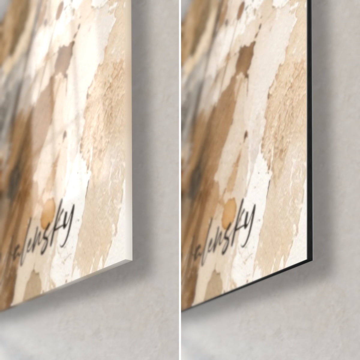 Tableau blonde au ukulélé, coin bas droit : verre acrylique brillant à gauche, Dibond mat à droite, signature Walensky, tranche 3 mm
